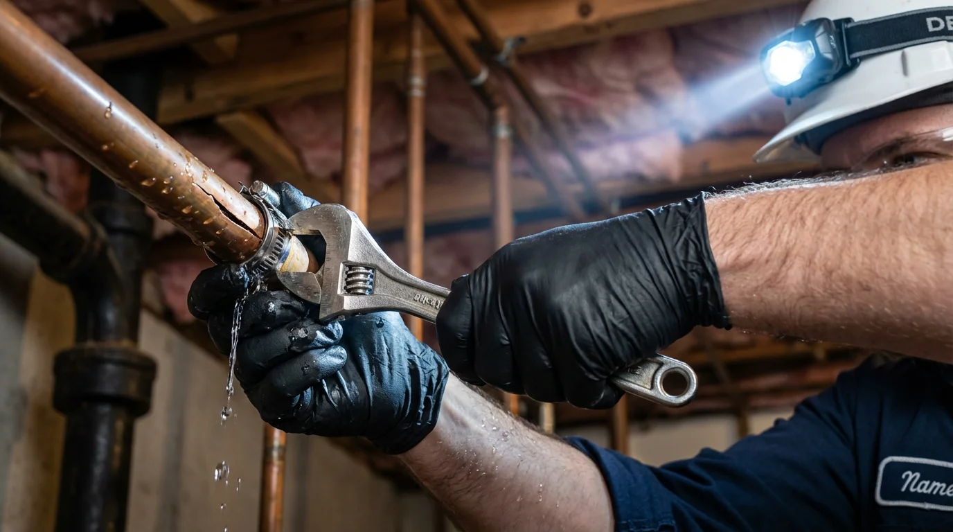 Emergency pipe clamp repair being performed by a Johns Plumbing LLC plumber in Morton