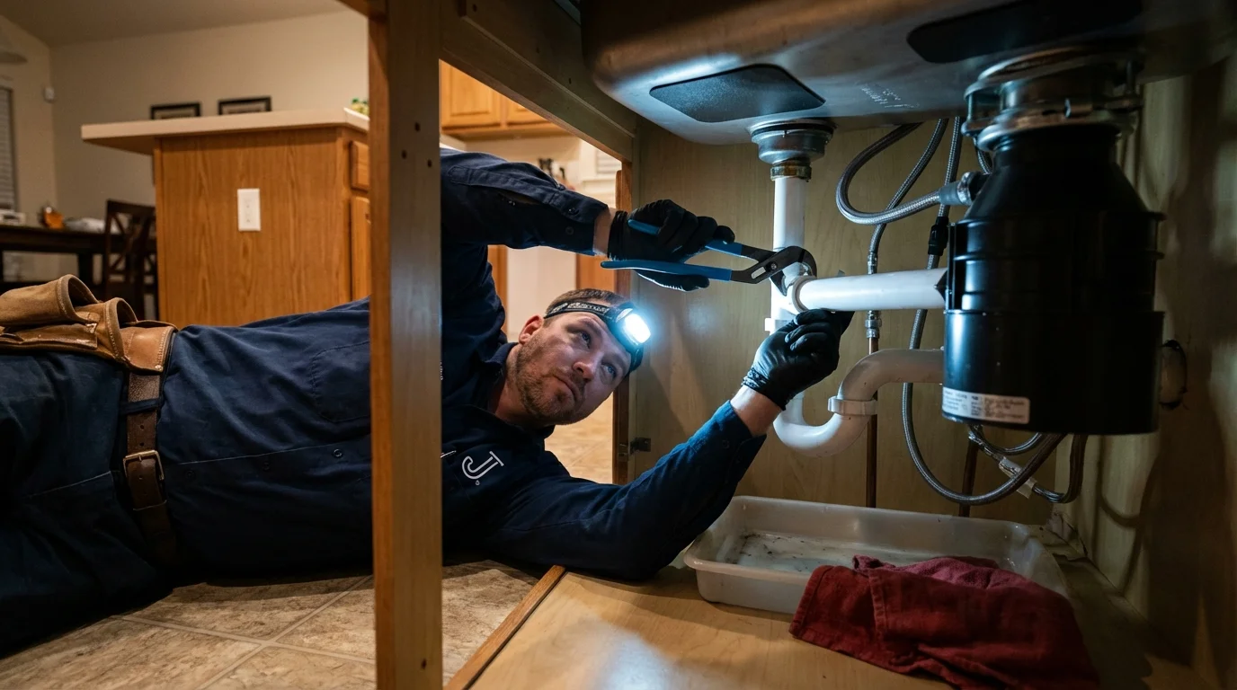 P-trap and supply line connections under a kitchen sink showing a common leak point in Morton, TX